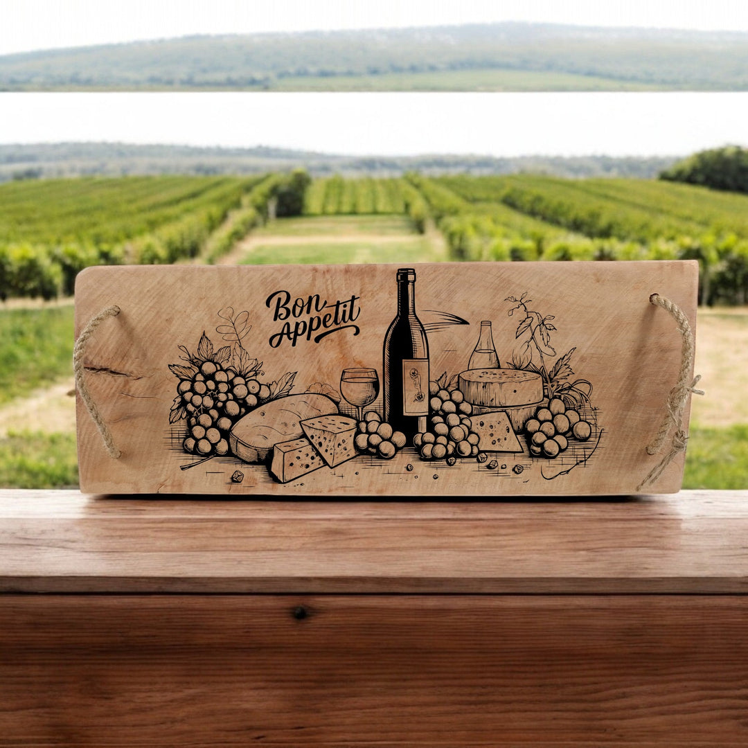 Planche Apéro en Teck Massif Rougeâtre - "Vin & Raisins" - Grav - O - Deco