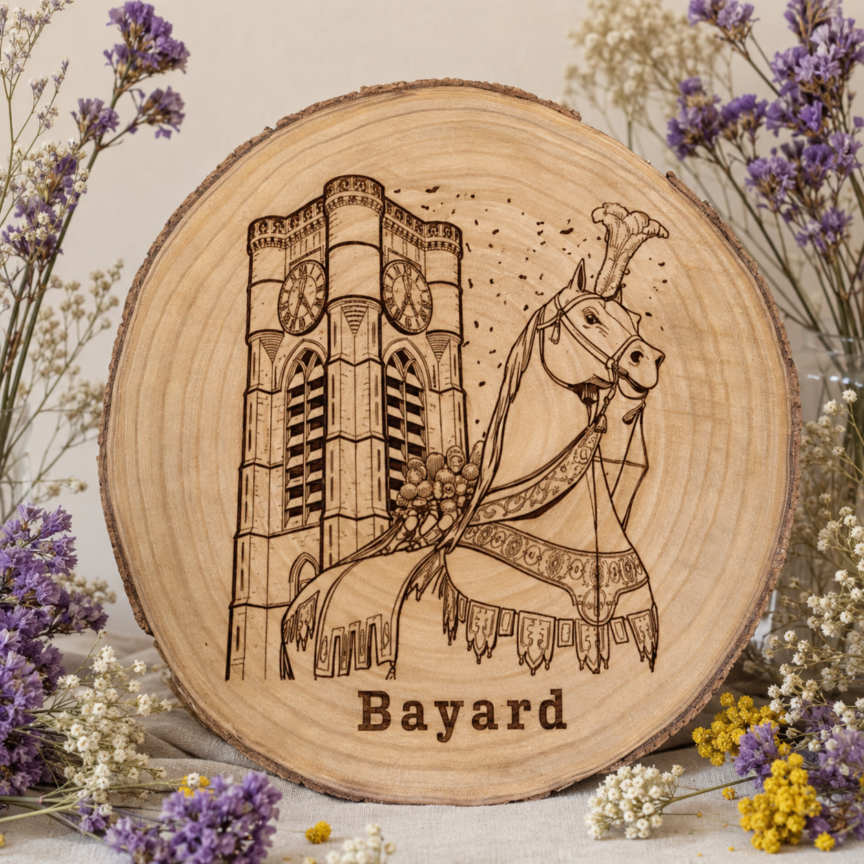Rondins de Bois Gravés – Cheval Bayard