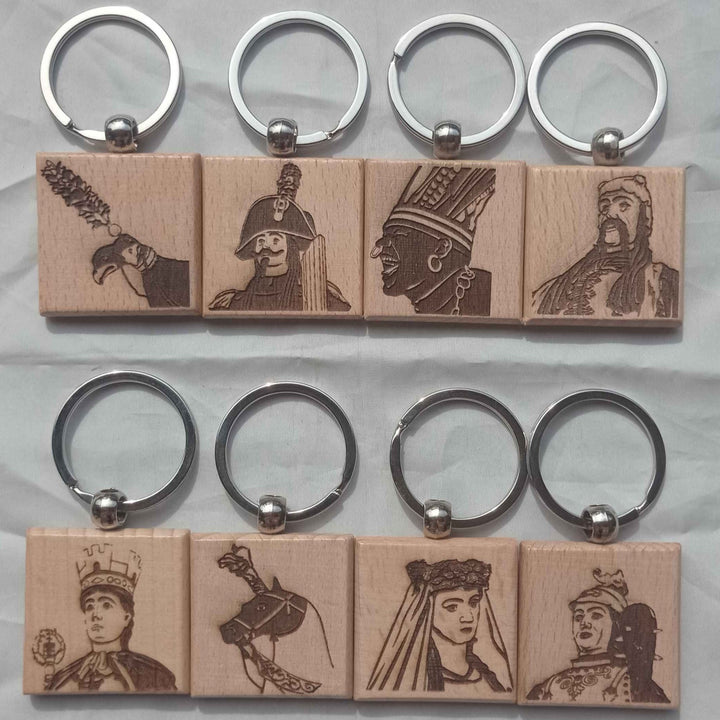 Porte-clés en bois gravé - Géants de la Ducasse d'Ath