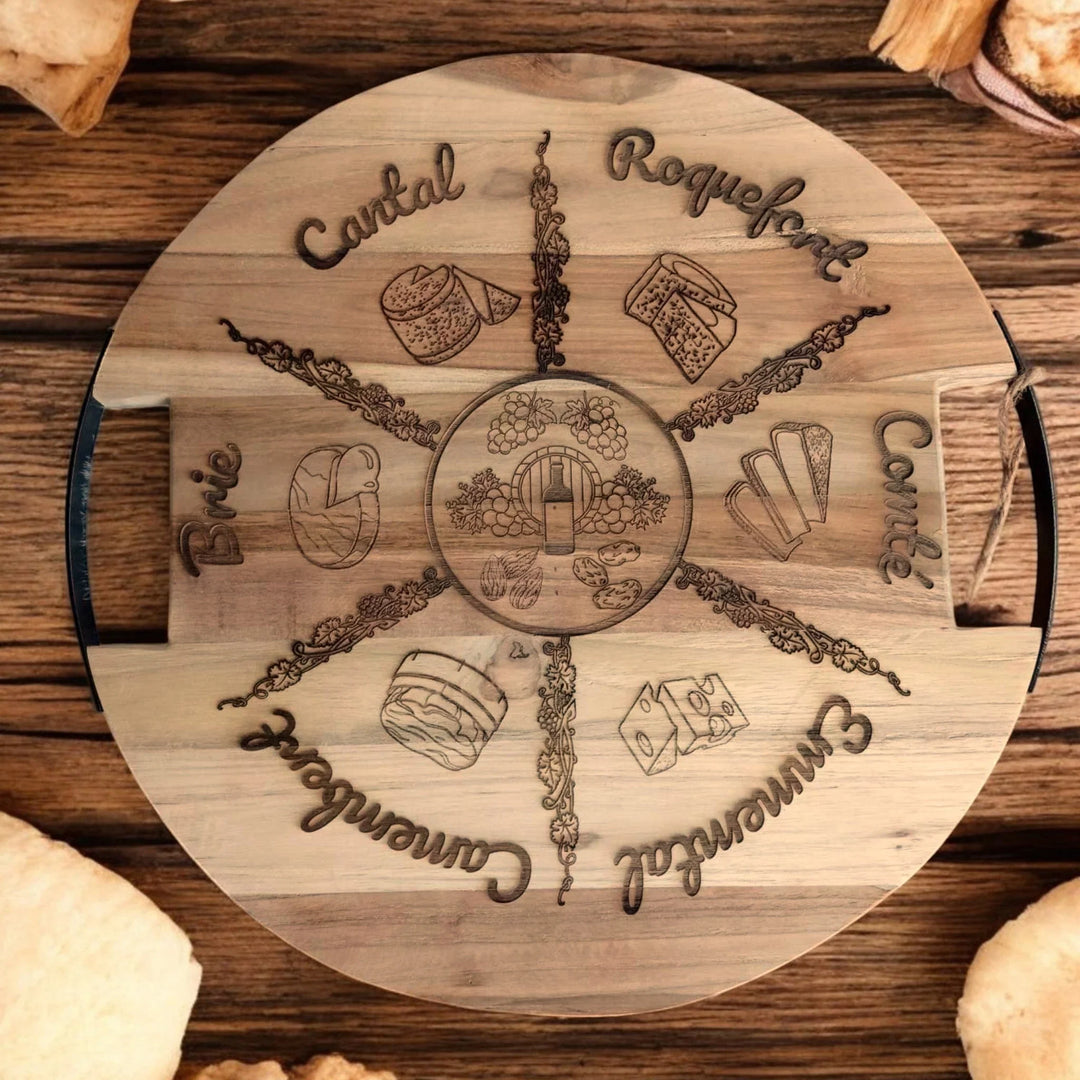 Plateau à fromage rond en Teck - 40 cm avec gravures de fromages - Grav - O - Deco